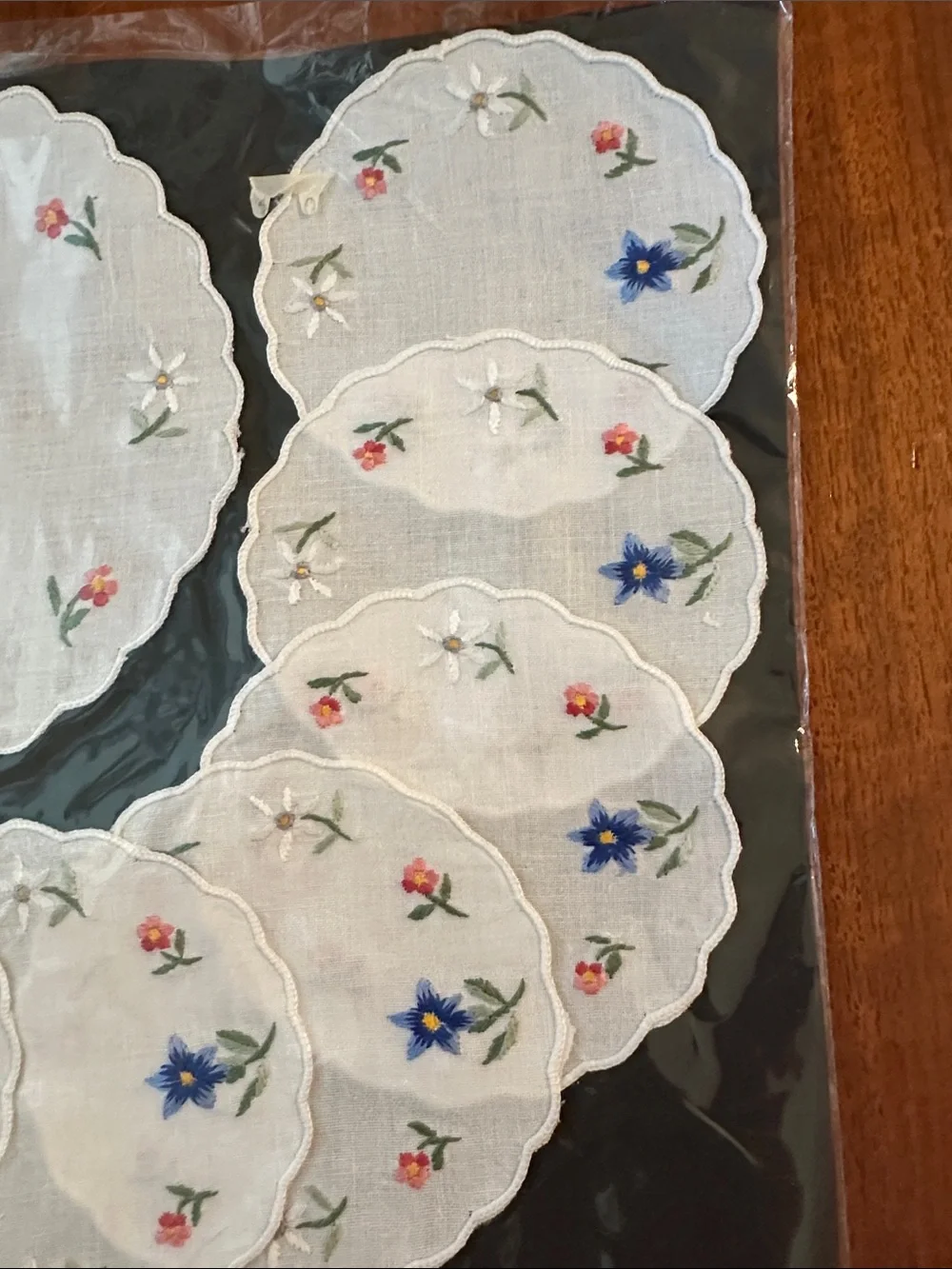 New in Packaging Blue Floral Embroidered White Linen Coaster and Doily Set